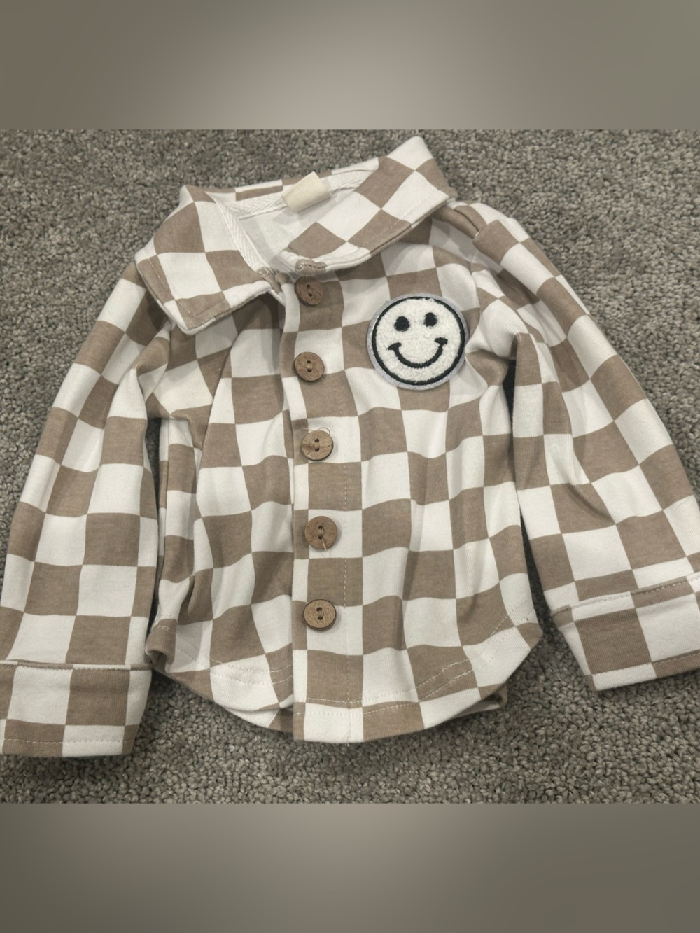 Lucky Panda Kids Beige & White Checkered Button-Up Shirt with Smiley Patch